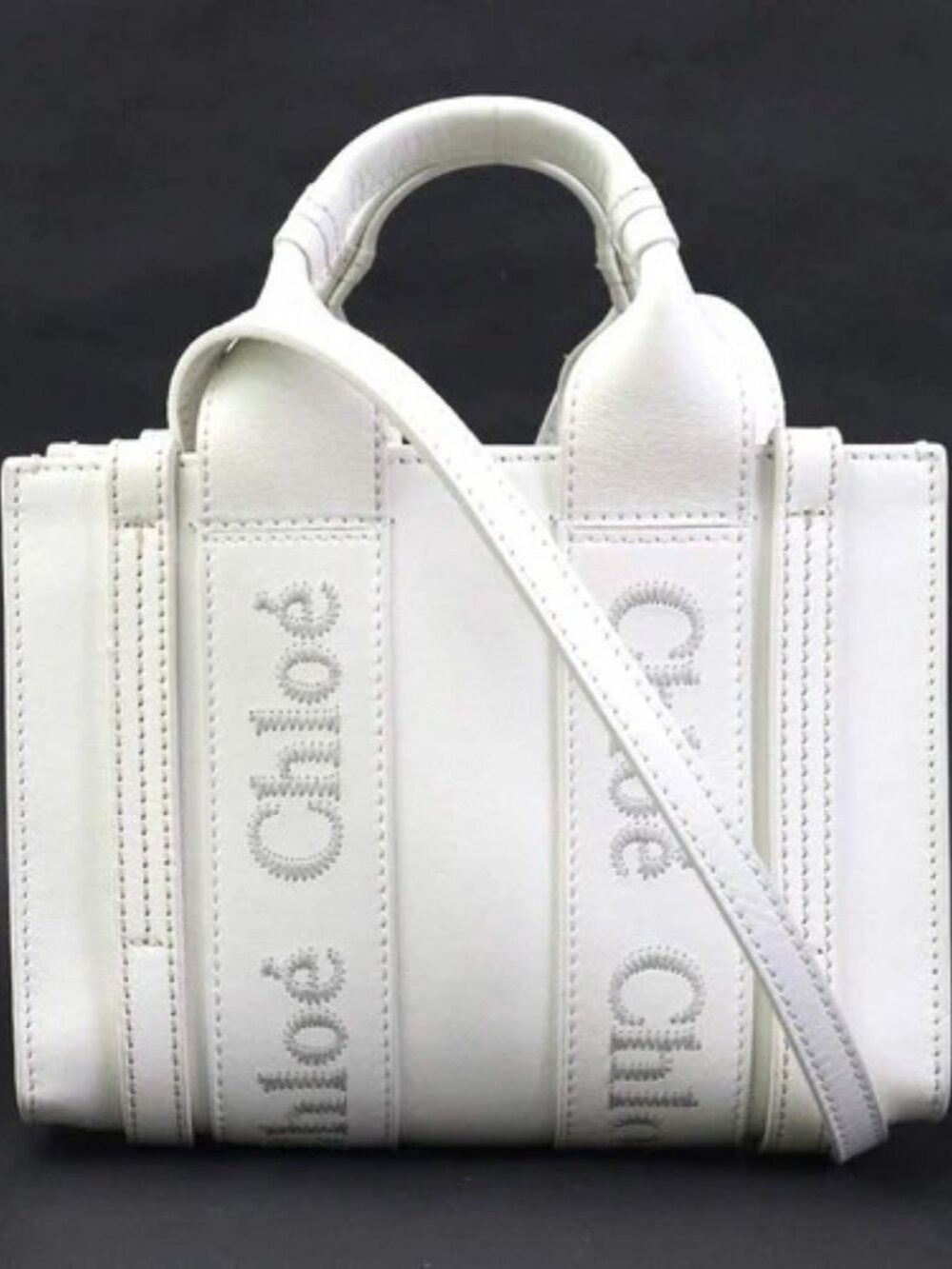 Auth Chloe Woody Leather Tote Bag Shoulder Bag White Leather - h32398i